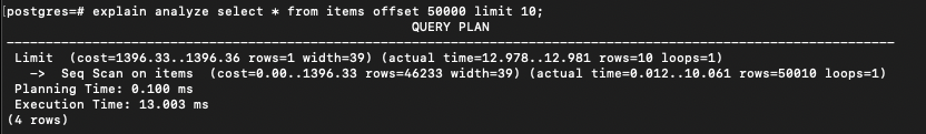 Showing EXPLAIN ANALYZE output of a Postgres query using offset of fifty thousand