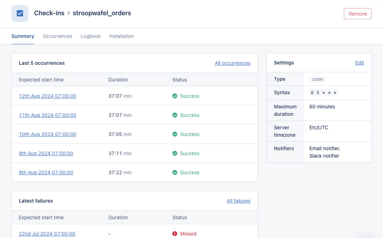 Screenshot of Check-in occurrence