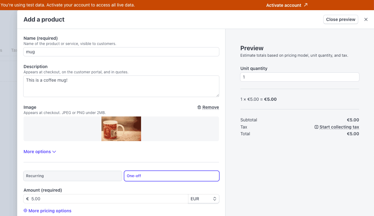 Create product on Stripe