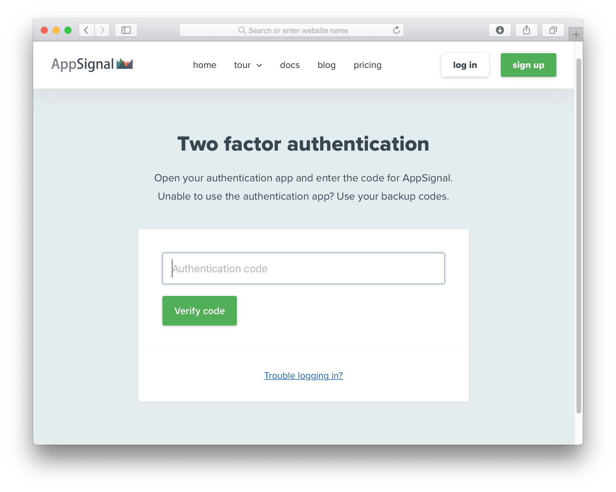 Signing into AppSignal with two-factor authentication enabled