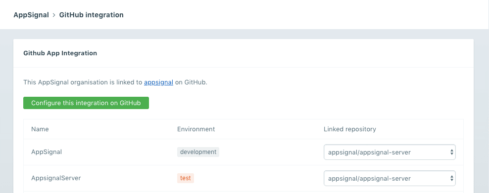 GitHub integration page