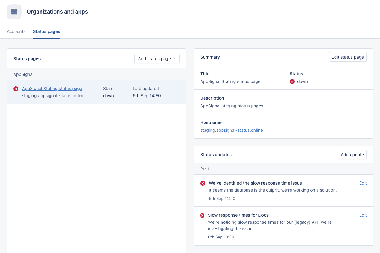 Screenshot of AppSignal Public Status Pages