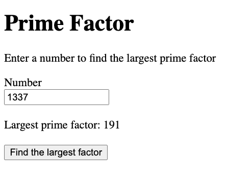 Image of web form to enter a number and see prime factor