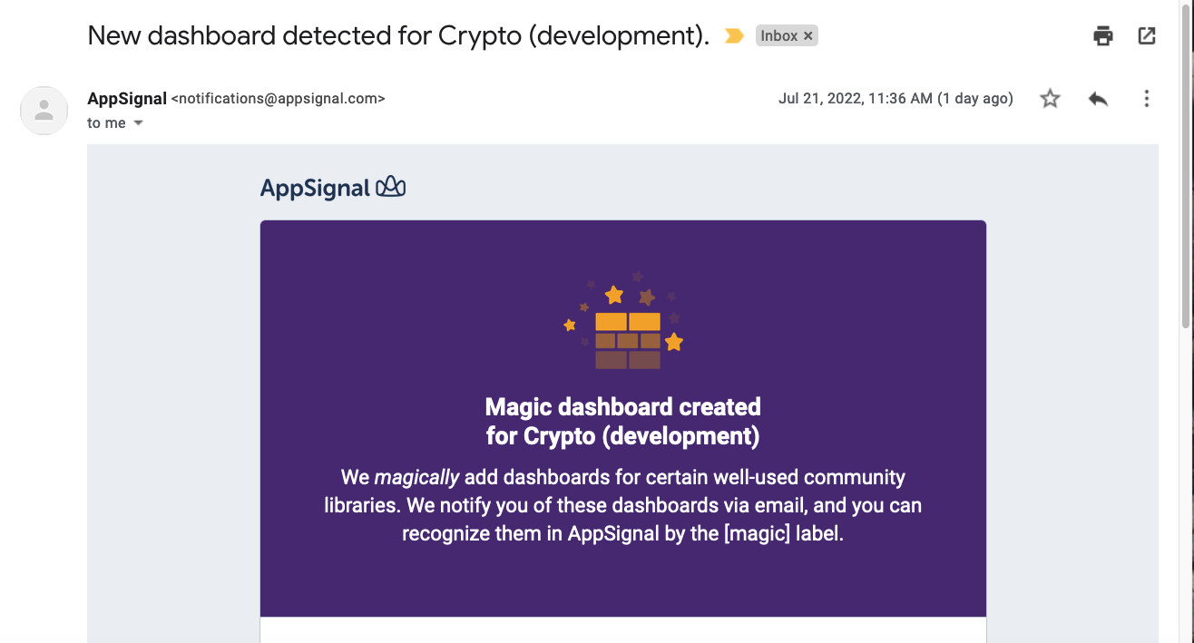 Informational email that a Sidekiq magic dashboard was created