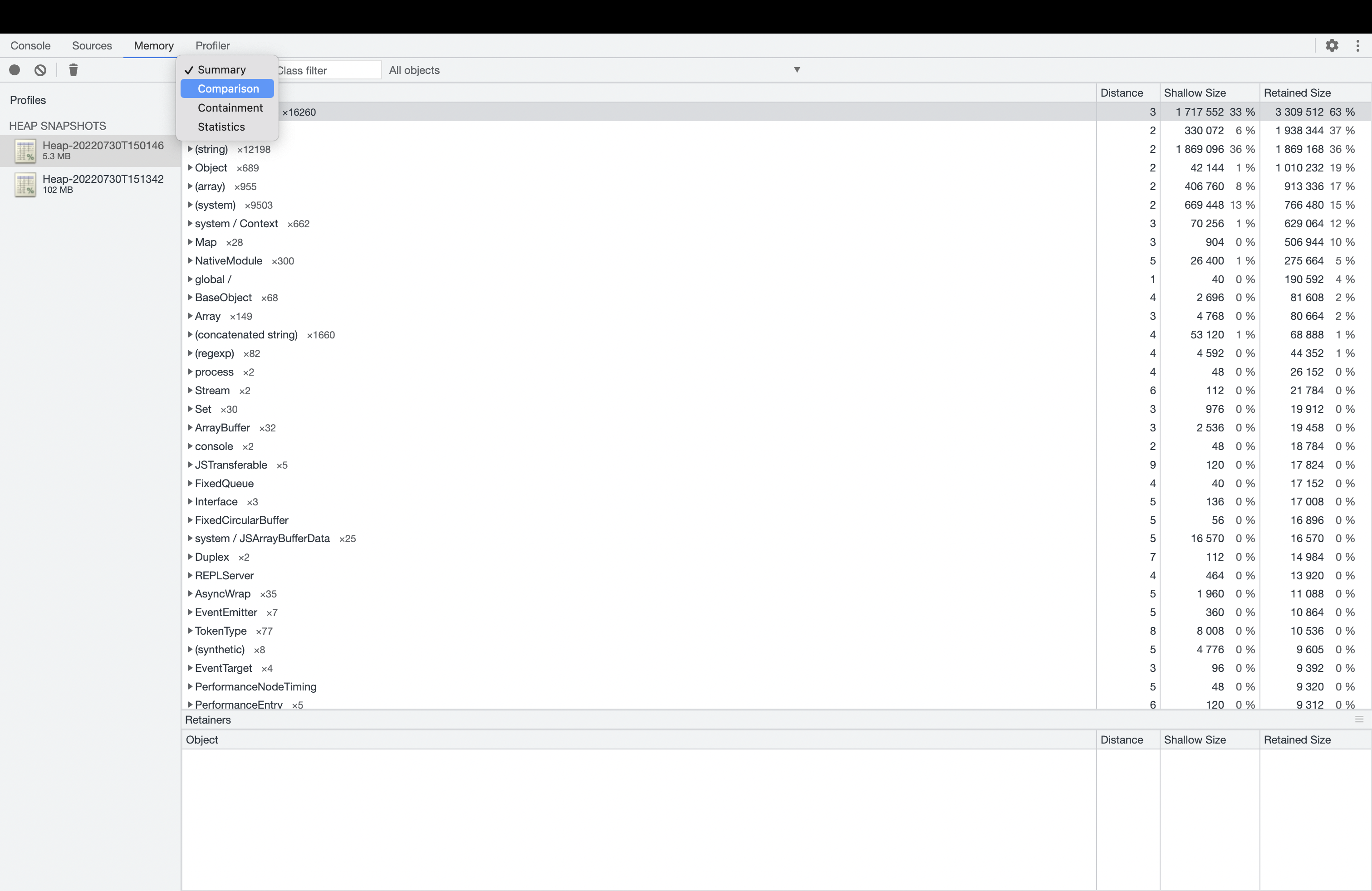 Chrome DevTools 内存配置文件调试器视图