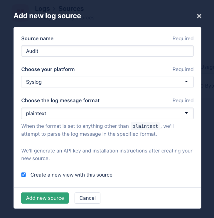 Image of web form to create a new logging source