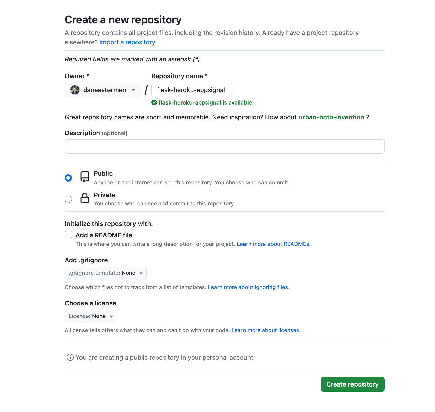 Create GitHub Repository Screenshot