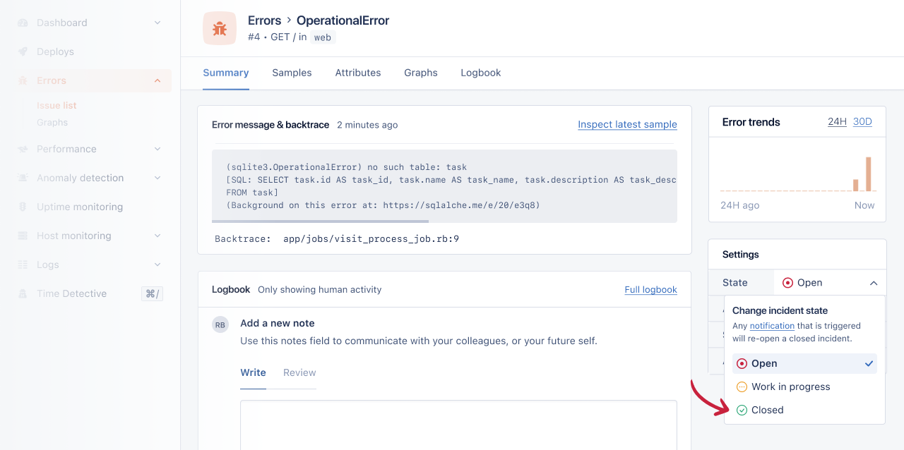 AppSignal Errors Issue Tag Closed