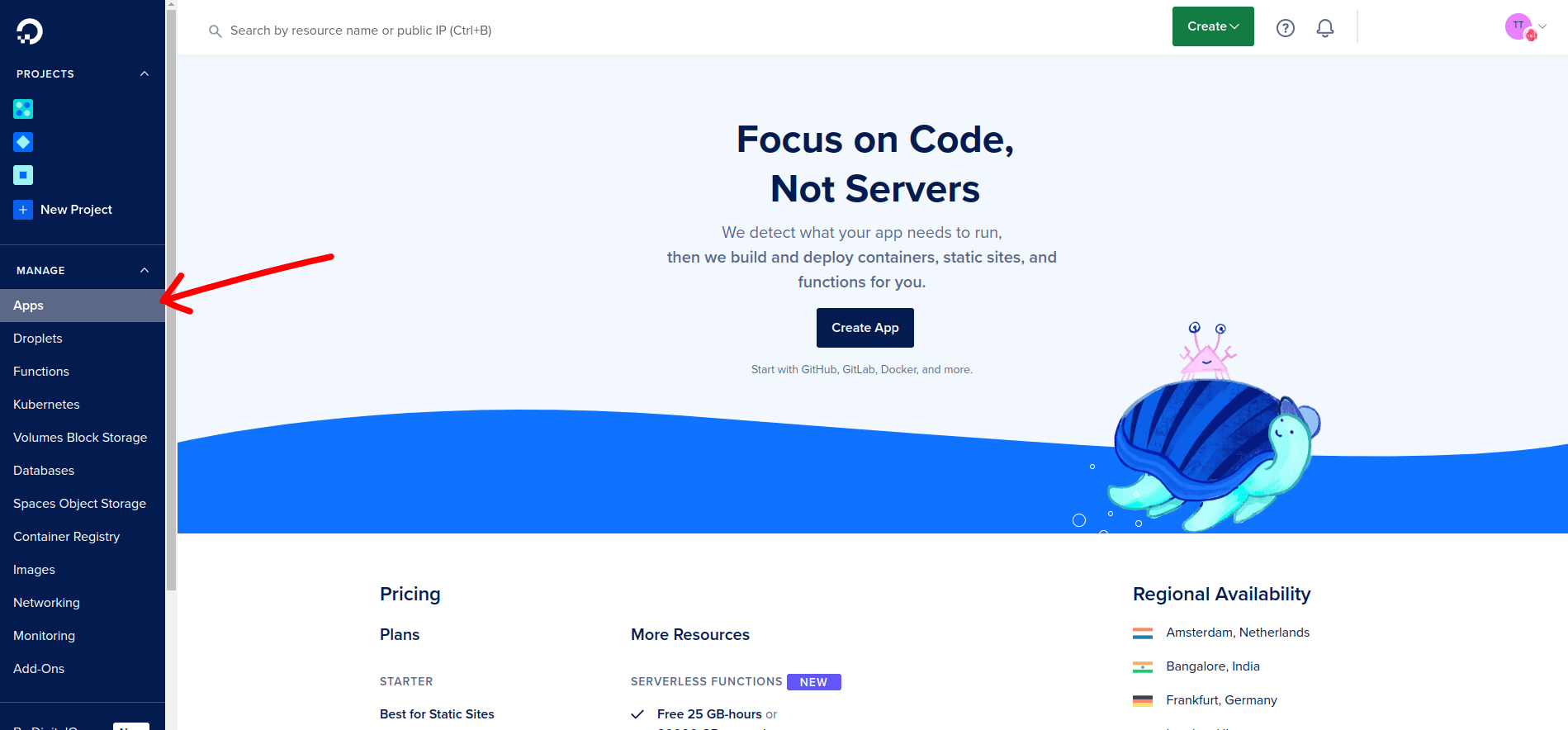 DigitalOcean app platform dashboard