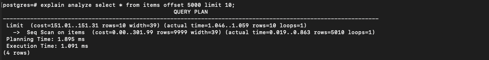 Showing EXPLAIN ANALYZE output of a Postgres query using offset of five thousand